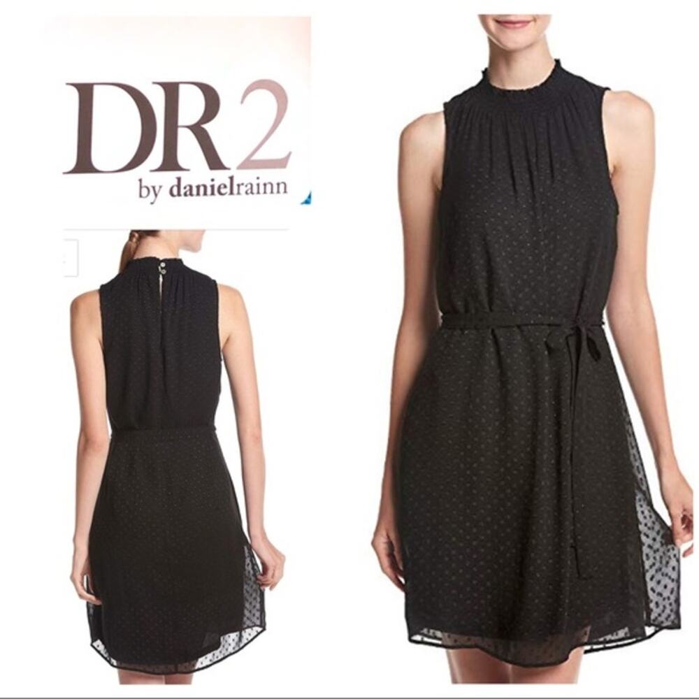 SALE Nordstrom DR2 Navy Blue Smocked High-Neck Swiss Dot Dress Women's S
